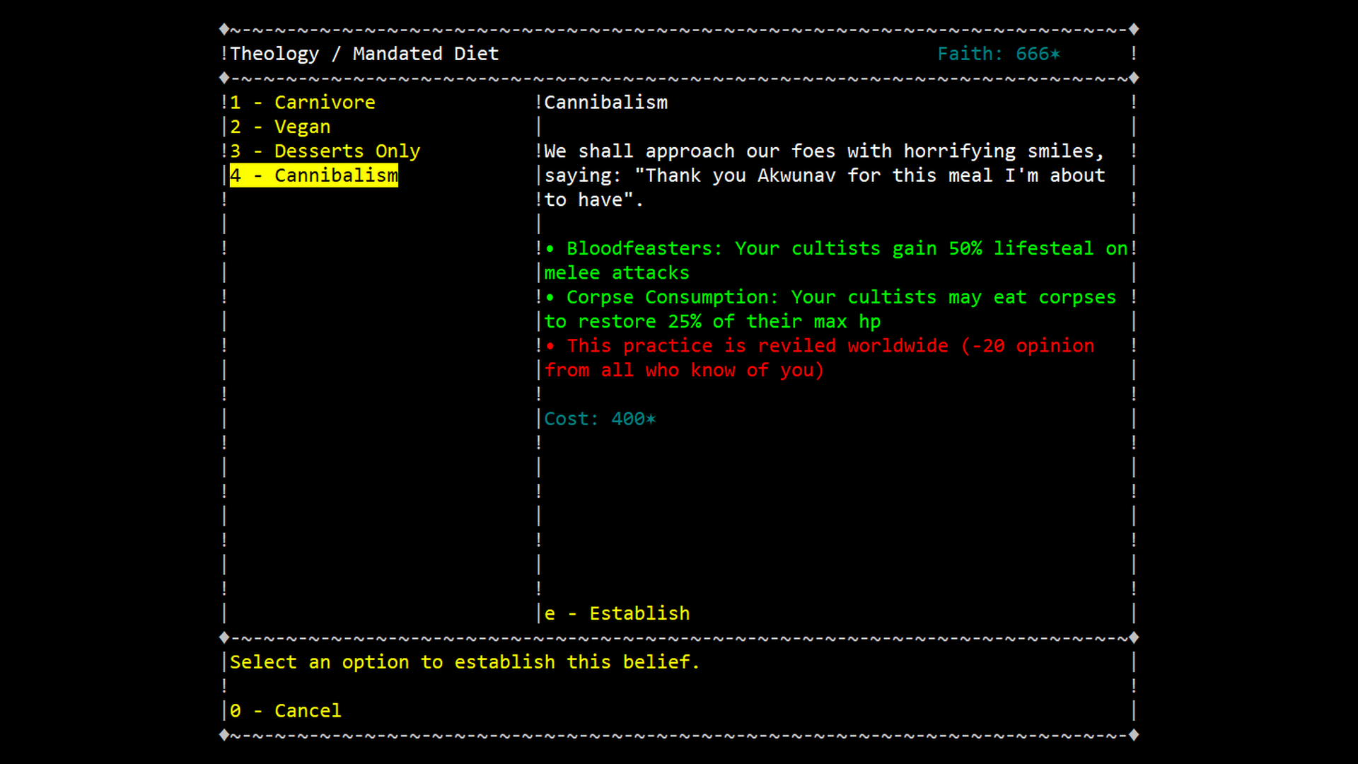 CultGame theology menu establishing a mandated diet of cannibalism